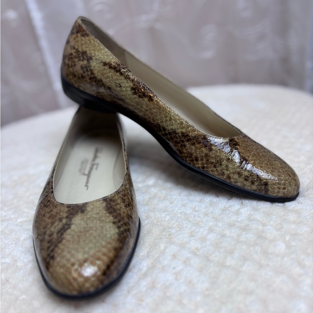 Salvatore Ferragamo Brown Snake Skin Print Ballet Shoes, 8M